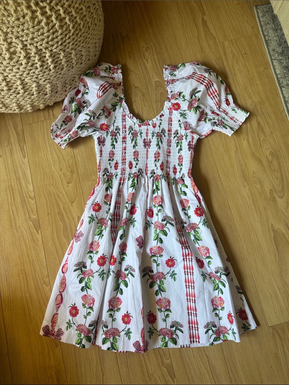 Hill House White Floral Puff-Sleeve Dress with Pink & Green Print